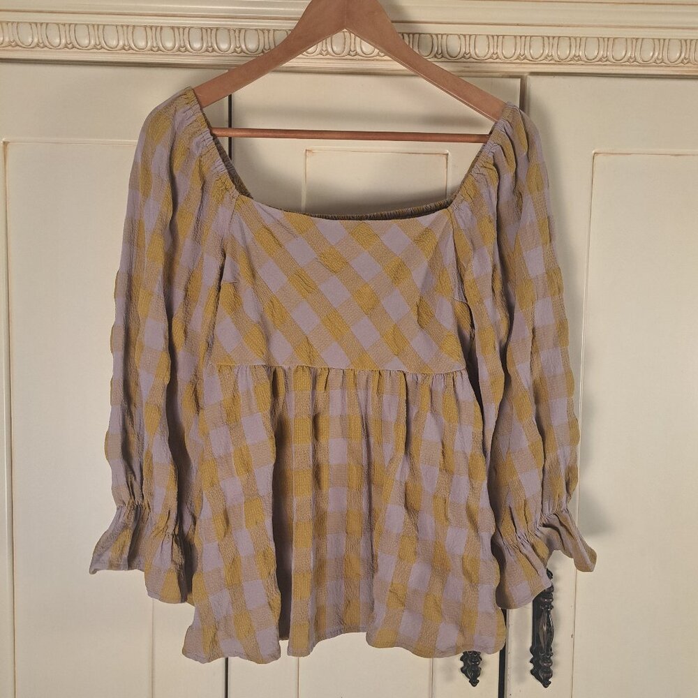 Entro Plaid Peplum Ruffle Hem 3/4 Puff Sleeve Lavendar Mustard Blouse Sz L
